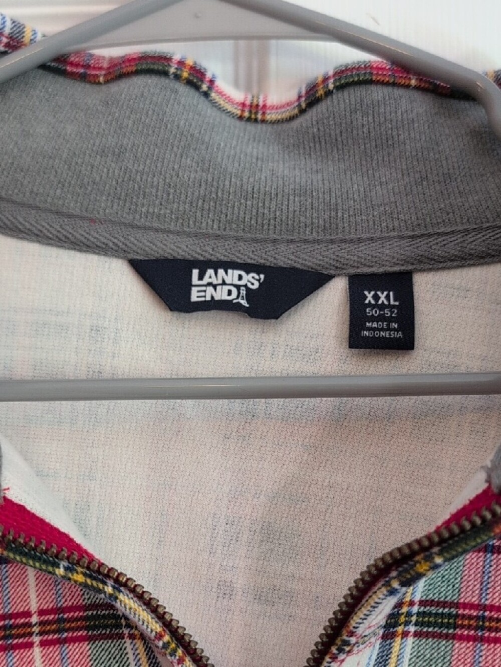 Lands' End Men's Red, White & Green Plaid Quarter-Zip Pullover - Picture 2 of 8
